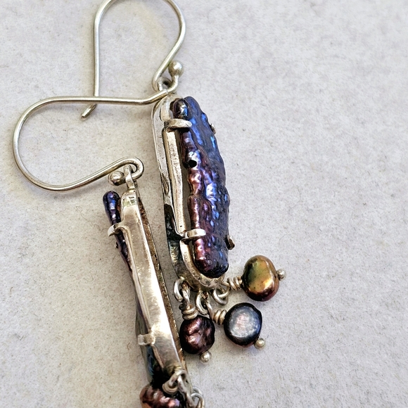 Peacock Stick Natural Pearls Dangle Earrings 925 - Picture 8 of 15